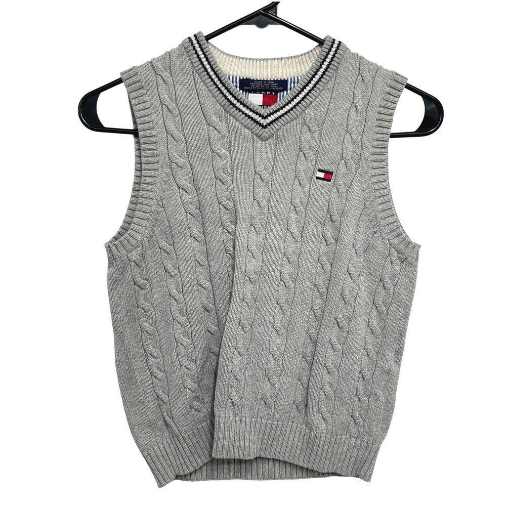 Tommy Hilfiger Gray Cable Knit Sweater Vest Small Preppy Academia Tenniscore
